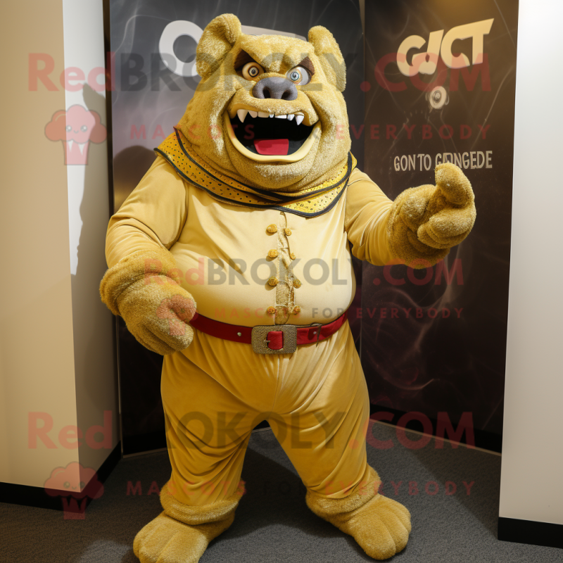 Gold Ogre mascot costume character dressed with a Corduroy Pants and Pocket squares