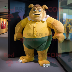 Gold Ogre mascot costume character dressed with a Corduroy Pants and Pocket squares