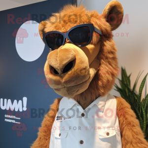 Brown Camel mascot costume character dressed with a Denim Shorts and Eyeglasses