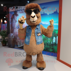 Brown Camel mascot costume character dressed with a Denim Shorts and Eyeglasses