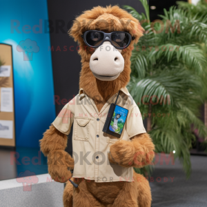 Brown Camel mascot costume character dressed with a Denim Shorts and Eyeglasses
