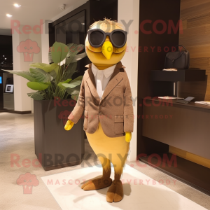 Brown Canary mascot costume character dressed with a Suit Pants and Sunglasses
