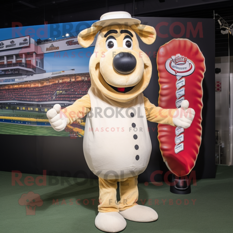 Cream Hot Dogs mascot costume character dressed with a Rugby Shirt and Hat pins