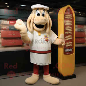 Cream Hot Dogs mascot costume character dressed with a Rugby Shirt and Hat pins