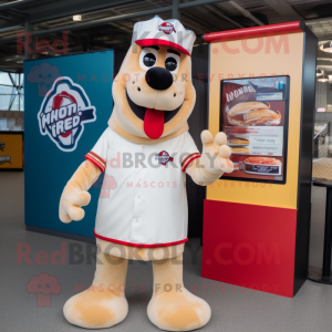 Cream Hot Dogs mascot costume character dressed with a Rugby Shirt and Hat pins