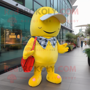 Lemon Yellow Whale mascot costume character dressed with a Flannel Shirt and Clutch bags