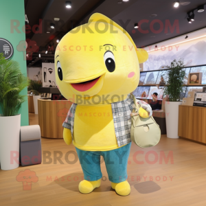 Lemon Yellow Whale mascot costume character dressed with a Flannel Shirt and Clutch bags