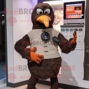 Brown Crow mascot costume character dressed with a Sweater and Digital watches