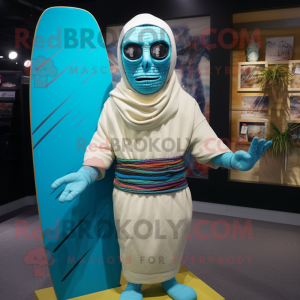 Cyan Mummy mascot costume character dressed with a Board Shorts and Shawl pins