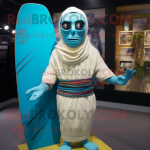 Cyan Mummy mascot costume character dressed with a Board Shorts and Shawl pins