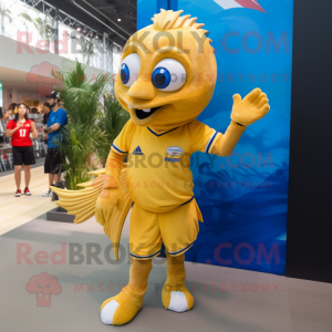 Gold Betta Fish mascot costume character dressed with a Polo Tee and Anklets