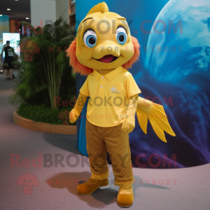 Gold Betta Fish mascot costume character dressed with a Polo Tee and Anklets