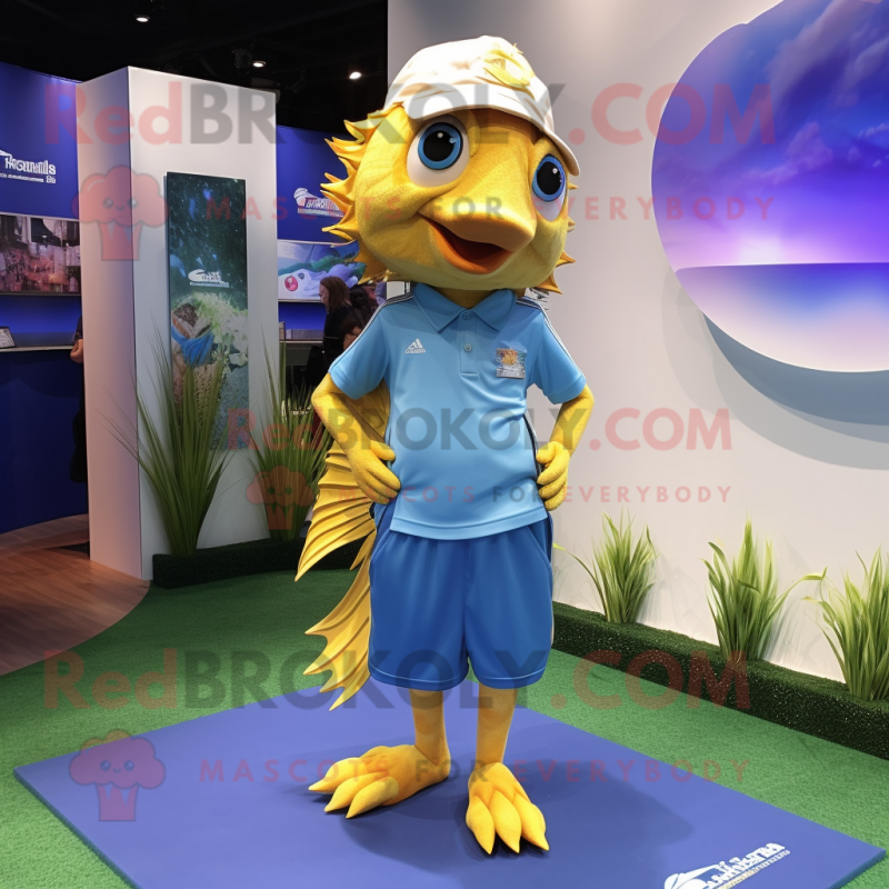 Gold Betta Fish mascot costume character dressed with a Polo Tee and Anklets Gold Betta Fish mascot costume character dressed with a Polo Tee and Anklets