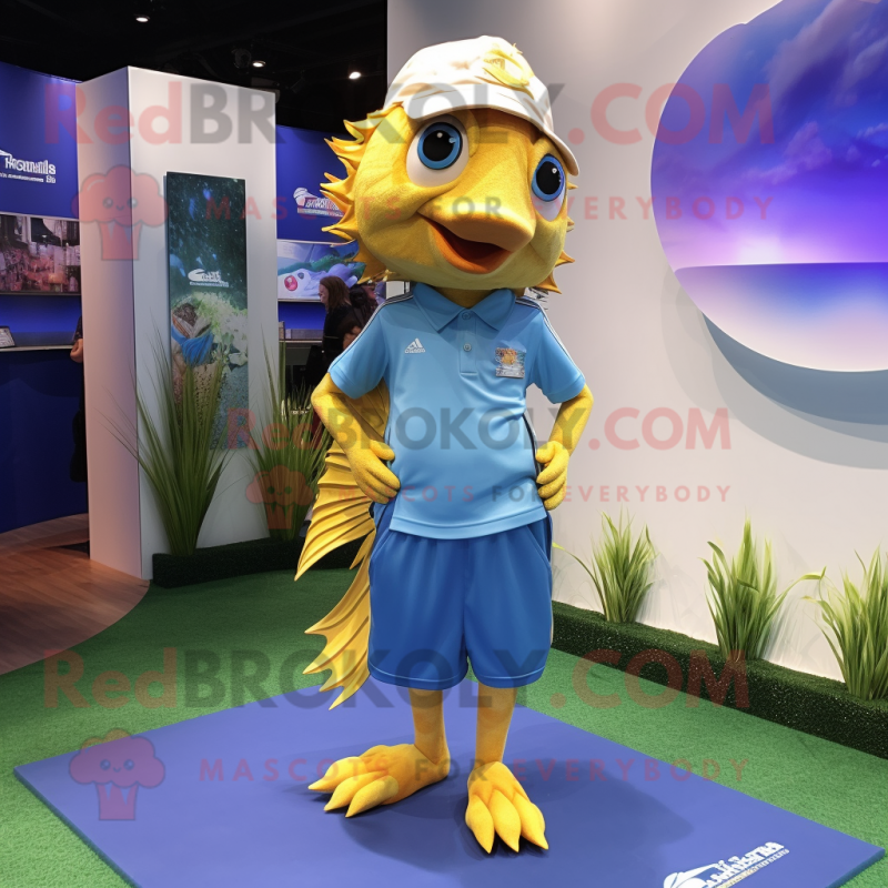 Gold Betta Fish mascot costume character dressed with a Polo Tee and Anklets