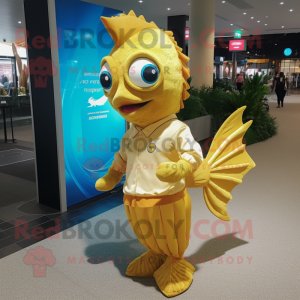 Gold Betta Fish mascot costume character dressed with a Polo Tee and Anklets