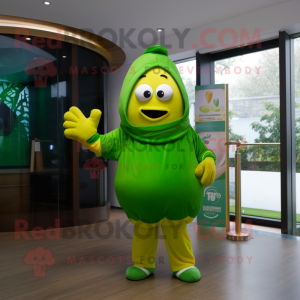 Lime Green Potato mascot costume character dressed with a Hoodie and Gloves