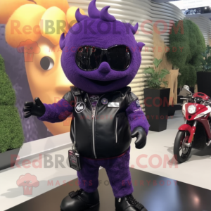 Purple Grape mascot costume character dressed with a Biker Jacket and Hairpins