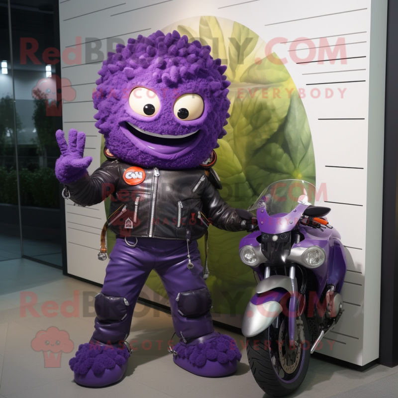 Purple Grape mascot costume character dressed with a Biker Jacket and Hairpins