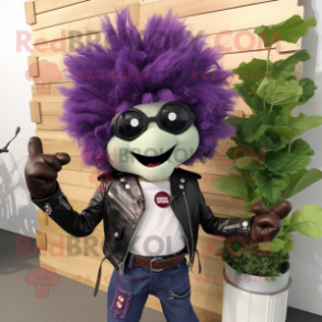 Purple Grape mascot costume character dressed with a Biker Jacket and Hairpins