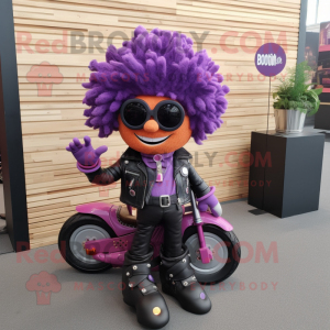 Purple Grape mascot costume character dressed with a Biker Jacket and Hairpins