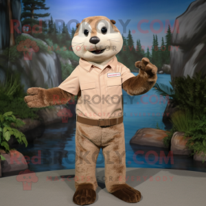 Beige Otter mascot costume character dressed with a Chambray Shirt and Belts