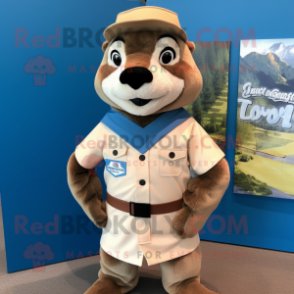 Beige Otter mascot costume character dressed with a Chambray Shirt and Belts