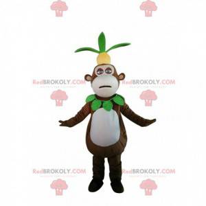 Mascote macaco com um abacaxi na cabeça, fantasia exótica -