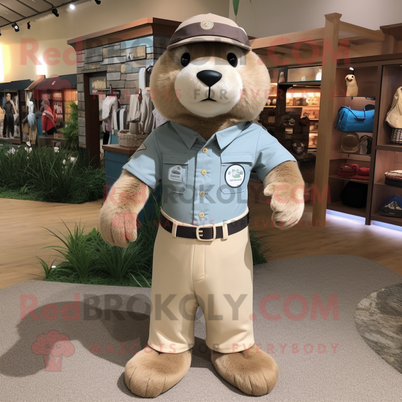 Beige Otter mascot costume character dressed with a Chambray Shirt and Belts