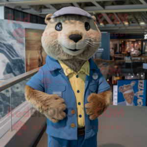 Beige Otter mascot costume character dressed with a Chambray Shirt and Belts