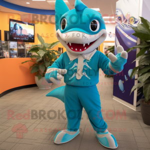 Teal Shark mascot costume character dressed with a Capri Pants and Earrings