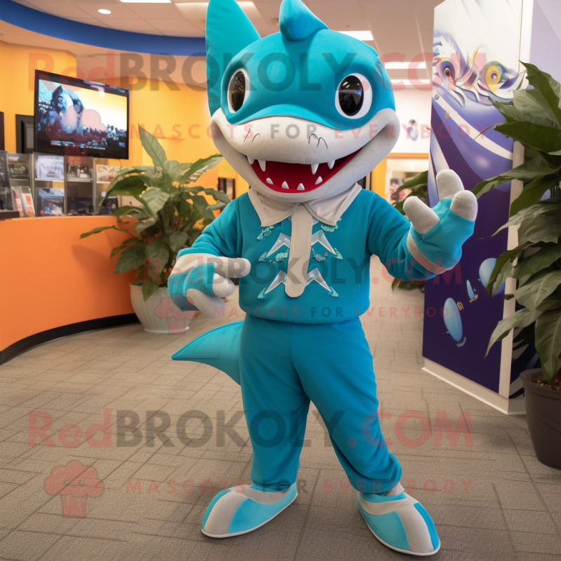 Teal Shark mascot costume character dressed with a Capri Pants and Earrings Teal Shark mascot costume character dressed with a Capri Pants and Earrings