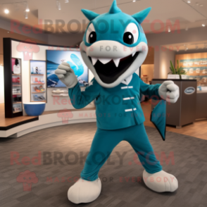 Teal Shark mascot costume character dressed with a Capri Pants and Earrings