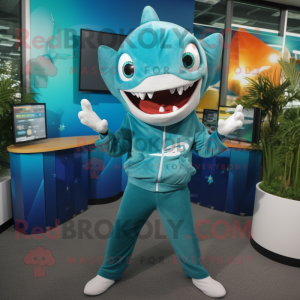 Teal Shark mascot costume character dressed with a Capri Pants and Earrings