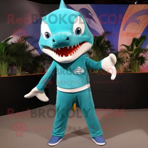 Teal Shark maskot kostume...