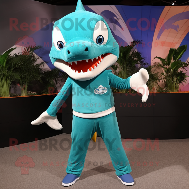 Teal Shark mascot costume character dressed with a Capri Pants and Earrings Teal Shark mascot costume character dressed with a Capri Pants and Earrings