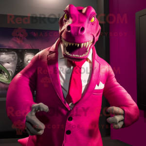 Magenta Iguanodon mascot costume character dressed with a Suit and Necklaces