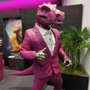 Magenta Iguanodon mascot costume character dressed with a Suit and Necklaces