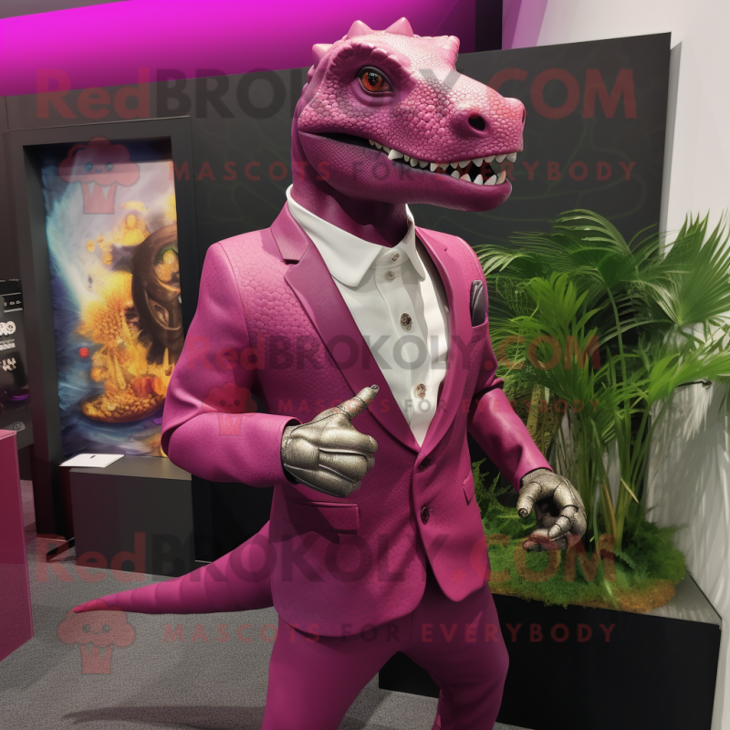 Magenta Iguanodon mascot costume character dressed with a Suit and Necklaces