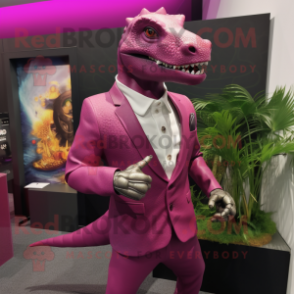 Magenta Iguanodon mascot costume character dressed with a Suit and Necklaces