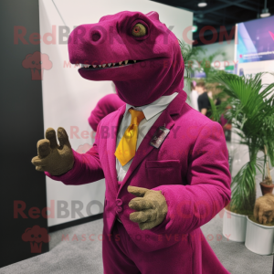 Magenta Iguanodon mascot costume character dressed with a Suit and Necklaces