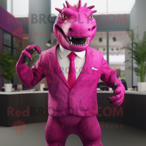 Magenta Iguanodon mascot costume character dressed with a Suit and Necklaces