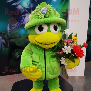 Lime Green Bouquet Of Flowers mascot costume character dressed with a Bomber Jacket and Hats