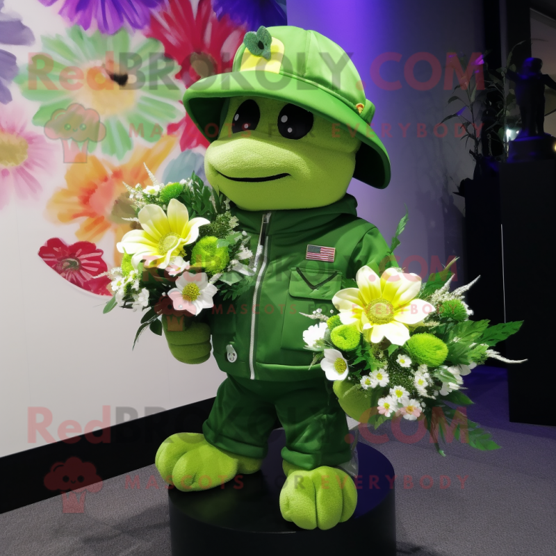 Lime Green Bouquet Of Flowers mascot costume character dressed with a Bomber Jacket and Hats