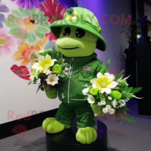 Lime Green Bouquet Of Flowers mascot costume character dressed with a Bomber Jacket and Hats