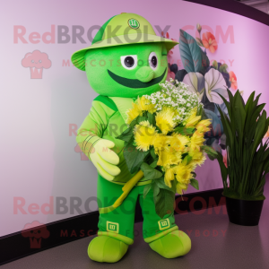 Lime Green Bouquet Of Flowers mascot costume character dressed with a Bomber Jacket and Hats