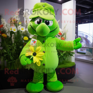 Lime Green Bouquet Of Flowers mascot costume character dressed with a Bomber Jacket and Hats