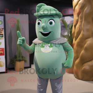 Gray Green Bean mascot costume character dressed with a T-Shirt and Cufflinks