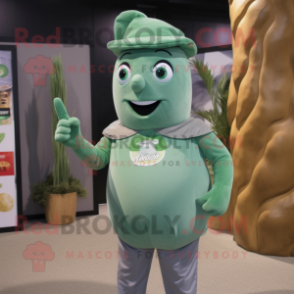 Gray Green Bean mascot costume character dressed with a T-Shirt and Cufflinks