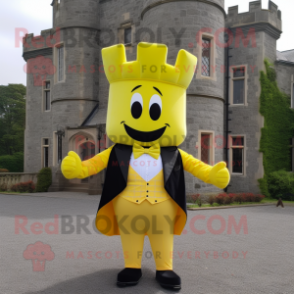 Lemon Yellow Irish Castle mascot costume character dressed with a Suit and Bow ties