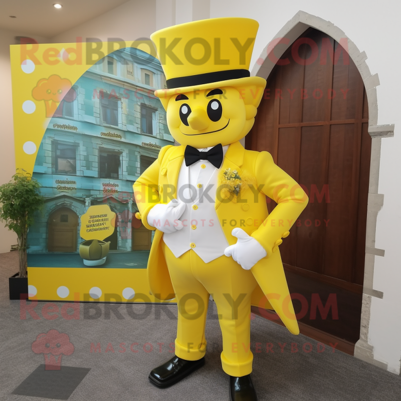 Lemon Yellow Irish Castle mascot costume character dressed with a Suit and Bow ties Lemon Yellow Irish Castle mascot costume character dressed with a Suit and Bow ties